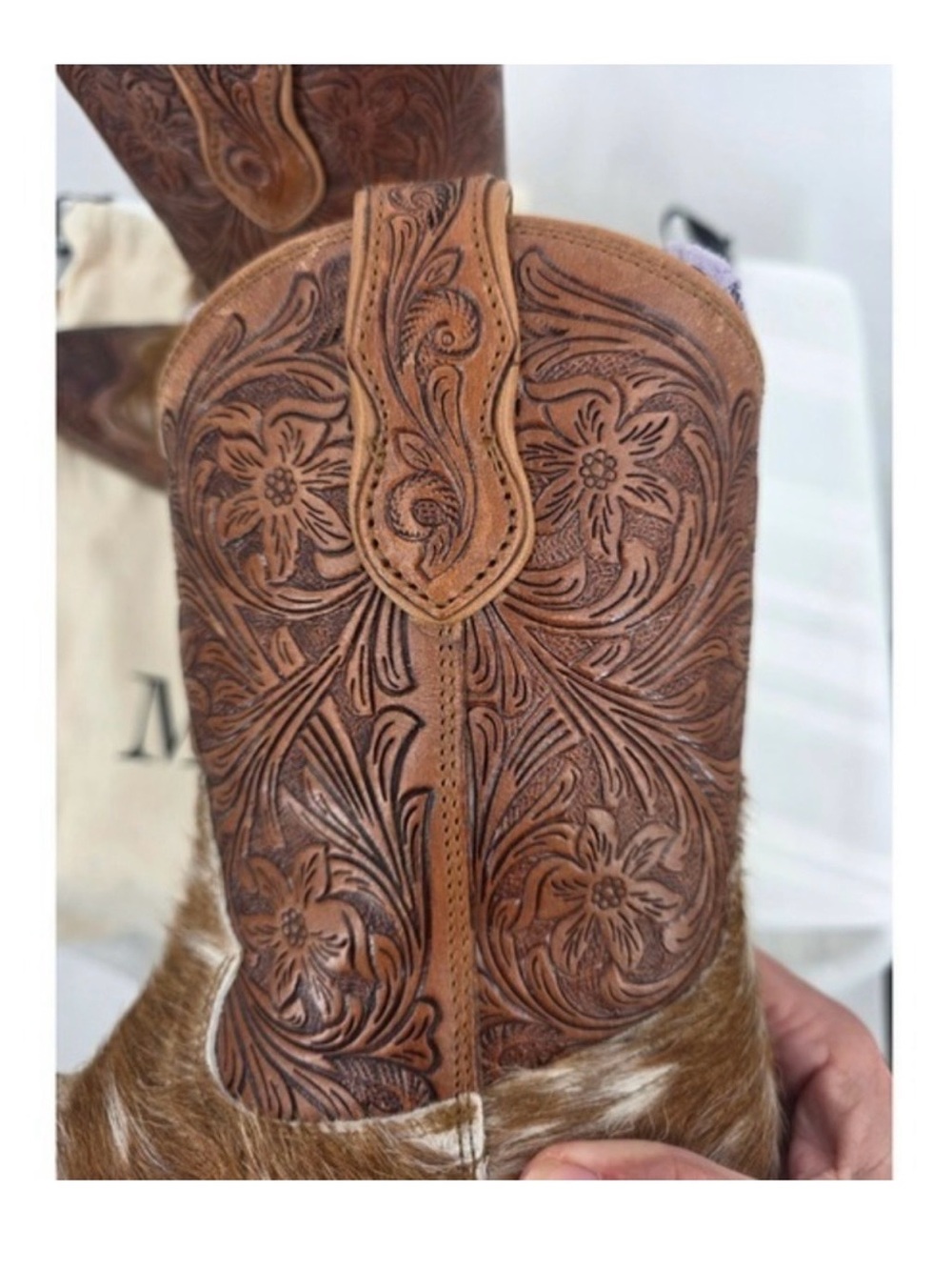 MYRA- Kelsey Anne Hair-on Hide Hand-tooled Leather Boots Brown/Cream Size 6 NWT - Picture 6 of 9